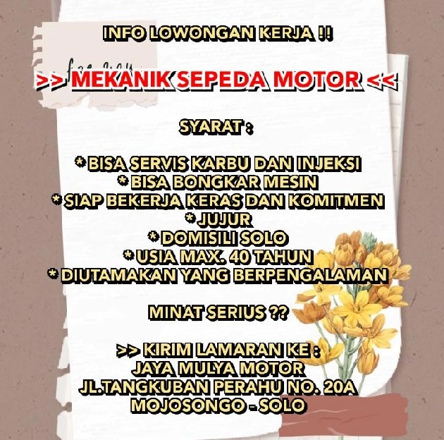 Lowongan Kerja : INFO LOWONGAN KERJA !!>> ΜΕΚΑΝΙΚ SEPEDA MOTOR <<SYARAT : * Bisa Servis Karbu dan In