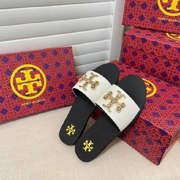 Sandal tory burch new large rhinestones flat slippers wanita