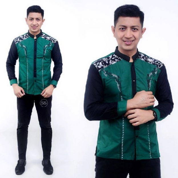 Baju muslim pria modern motif batik kombinasi bordir 