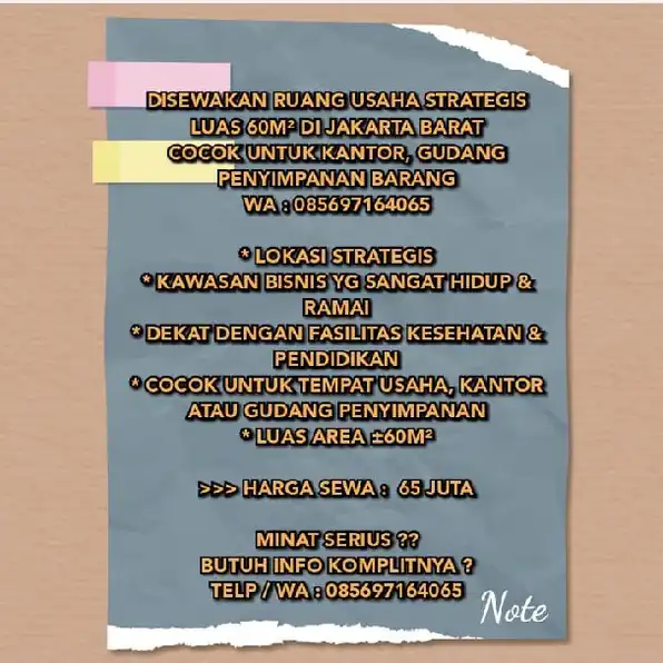 DISEWAKAN RUANG USAHA STRATEGIS LUAS 60M² DI JAKARTA BARAT. COCOK UNTUK KANTOR, GUDANG PENYIMPANAN