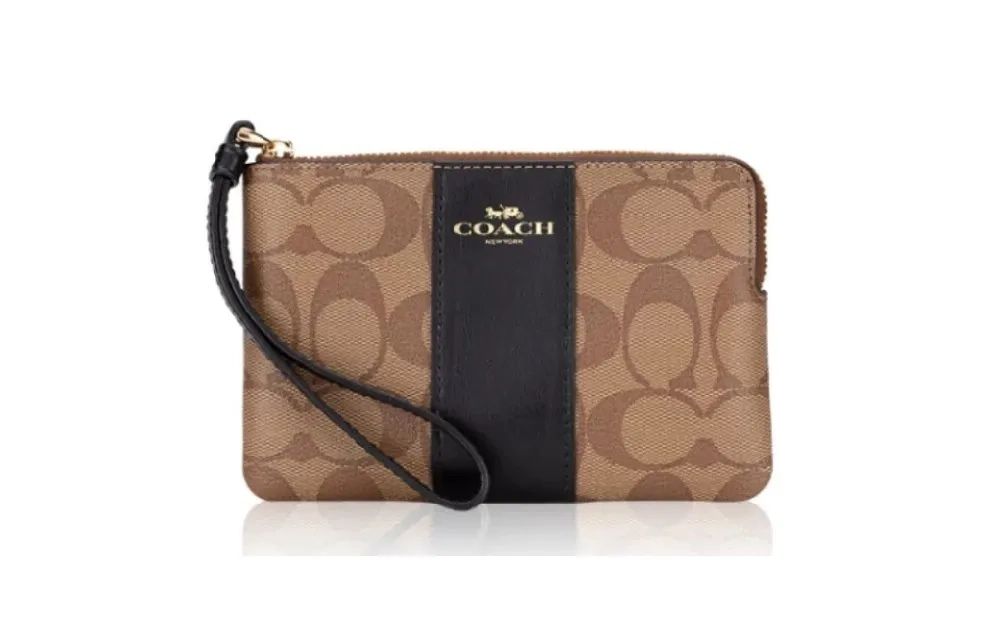 Coach Corner Zip Wristlet In Signature Canvas - Khaki Black (CH 58035)