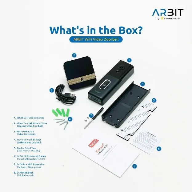 ARBIT WiFi Video Doorbell Pintar Waterproof Tahan Air IP65 1080p + Door Bell Chime Smart Home two wa