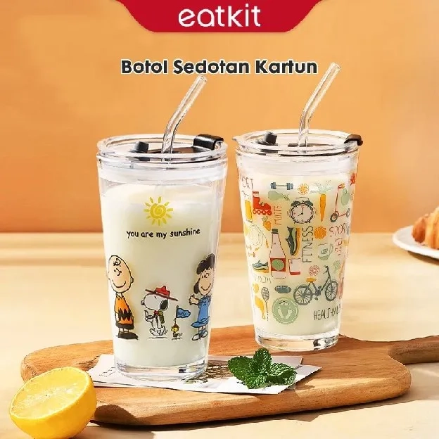 Gelas Air Kaca 400ml Cangkir kopi dengan tumbler retro kantor sedotan 400ml Tumblr Kaca Bening Gelas