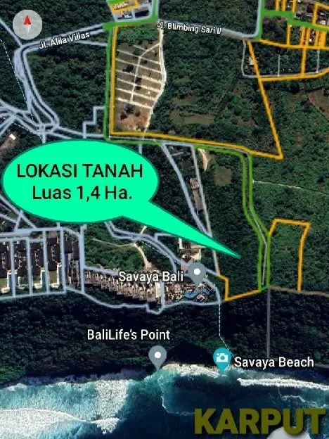 Dijual 1,4 Ha. LOSS TEBING, Jl. Bimbing Sari Savaya Beach OMNIA Pecatu Kuta Selatan