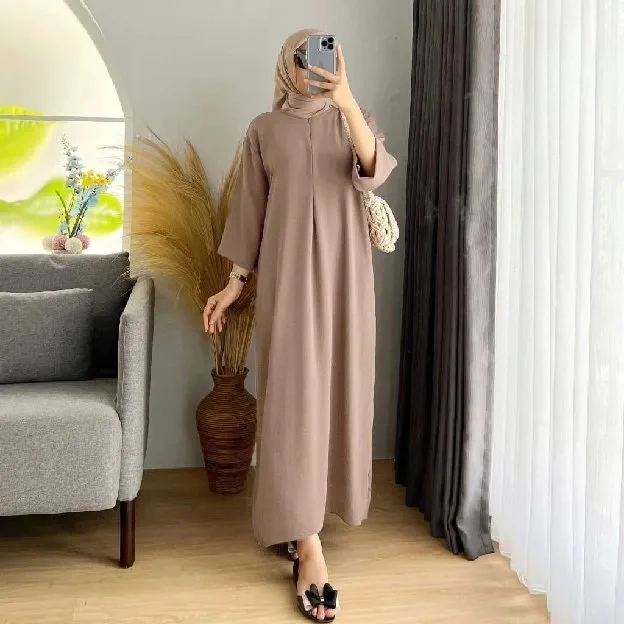 Daster Gamis Crinkle Polos Kekinian Lengan Tangan 3/4 Panjang Semata Kaki