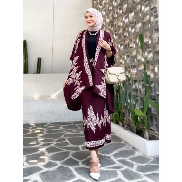 OUTFIT KONDANGAN SIMPEL ONE SET BATIK OUTER ROK LILIT KIMONO WANITA RAYON GLOYOR OVERSIZE MOTIF ETNI