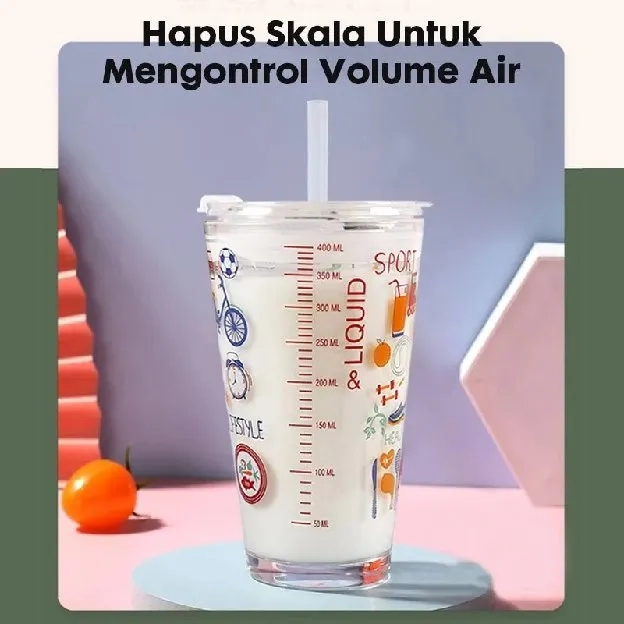 Gelas Air Kaca 400ml Cangkir kopi dengan tumbler retro kantor sedotan 400ml Tumblr Kaca Bening Gelas