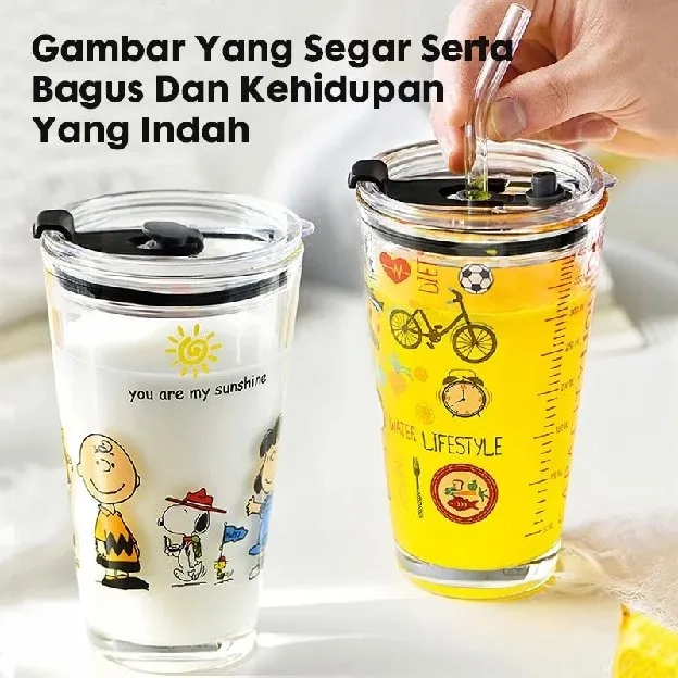 Gelas Air Kaca 400ml Cangkir kopi dengan tumbler retro kantor sedotan 400ml Tumblr Kaca Bening Gelas