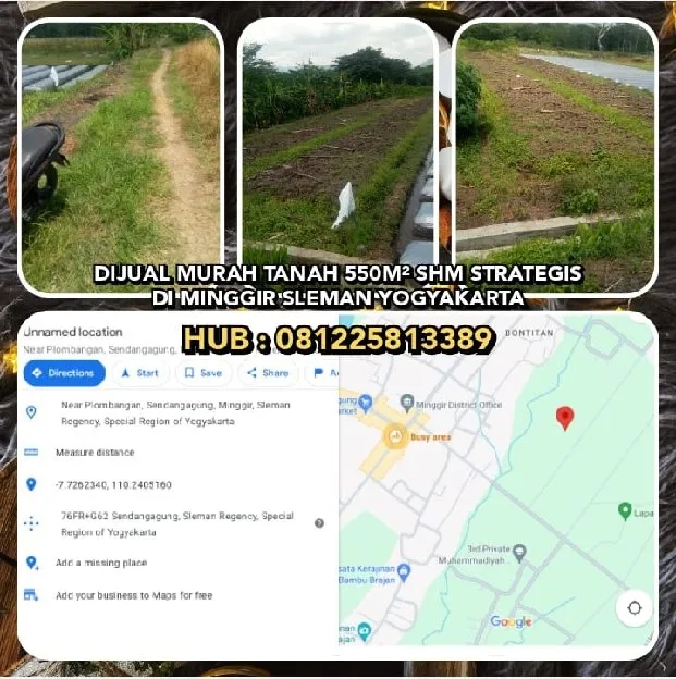 DIJUAL MURAH TANAH 550M² SHM STRATEGIS DI MINGGIR SLEMAN YOGYAKARTA.H:081225813389* 