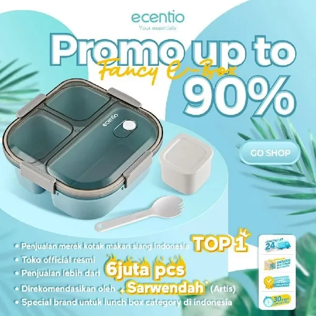 ecentio 3 Grid lunch box 1100ml+100ml Kotak Makan Anti Tumpah Sendok Gratis BPA Free