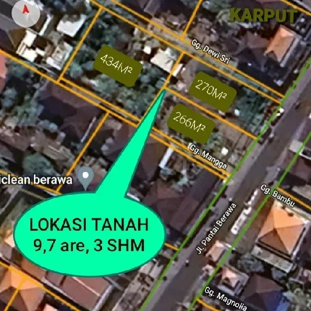 Dijual 9,7 are, Jl. Pantai Berawa UTAMA Tandek Tibubeneng Canggu Kuta Utara