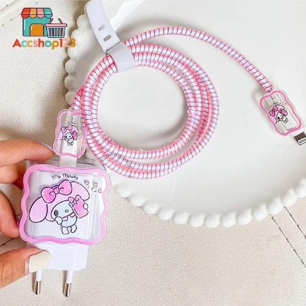 SET PAKET CUTE COVER WAVY PELINDUNG KEPALA & KABEL CHARGER SPIRAL/CABLE SET PROTECTOR KARAKTER FOR A