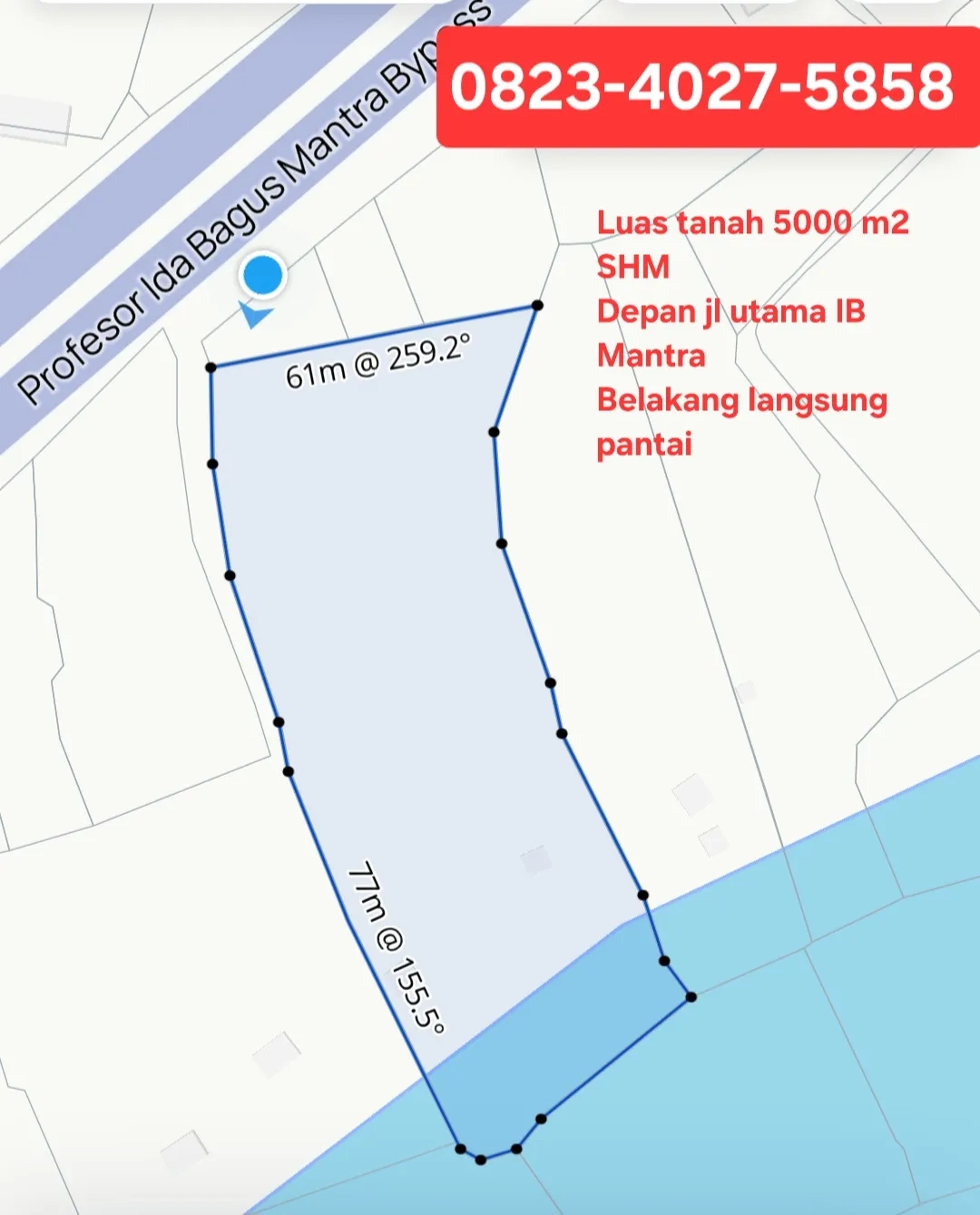 Disewakan tanah los pantai 50 are jl Ida Bagus Mantra Lebih Gianyar Bali