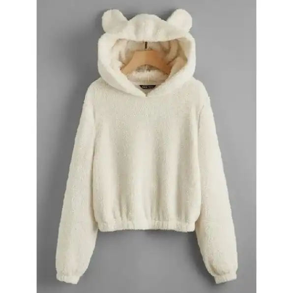 Sweater Hoodie Crope Cute Sherpa Bulu Domba / Sherpa Cewek Tudung Kuping Kekinian - Pakaian Wanita