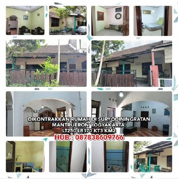 DISEWAKAN RUMAH DI SURYODININGRATAN MANTRIJERON YOGYAKARTA.LT250 LB170 KT3 KM2. H:087838609766* 