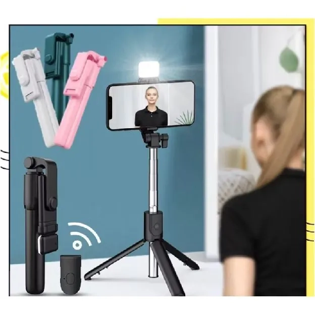 Tripod Tongsis Bluetooth 4 IN 1 Flash Light Tripod Bluetooth Selfie Stick LED Flash Selfi Stik Tongs