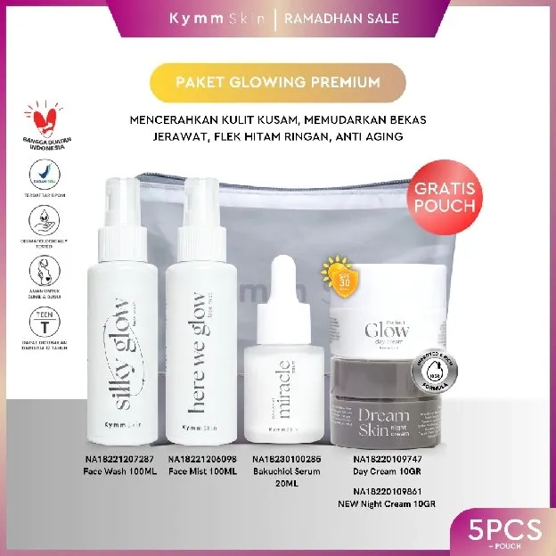 KYMM SKIN [5pcs + Free Pouch] Paket Glowing Premium [Face Wash 100ml, Face Mist 100ml, Bakuchiol Ser