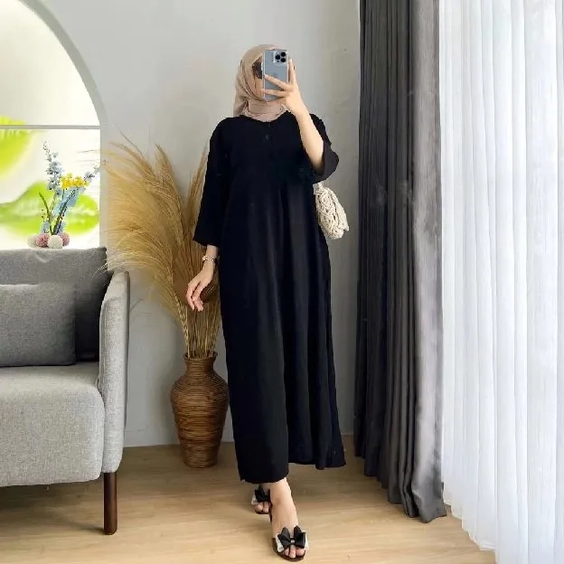 Daster Gamis Crinkle Polos Kekinian Lengan Tangan 3/4 Panjang Semata Kaki