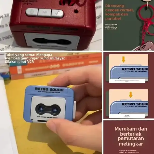 Gantungan kunci tas buku gantungan kunci perekam pita mini yang lucu dengan rekaman