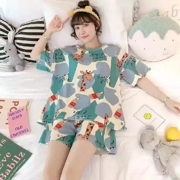 Baju tidur wanita setelan piyama lengan dan celana pendek motif karakter kartun lucu bahan katun kao