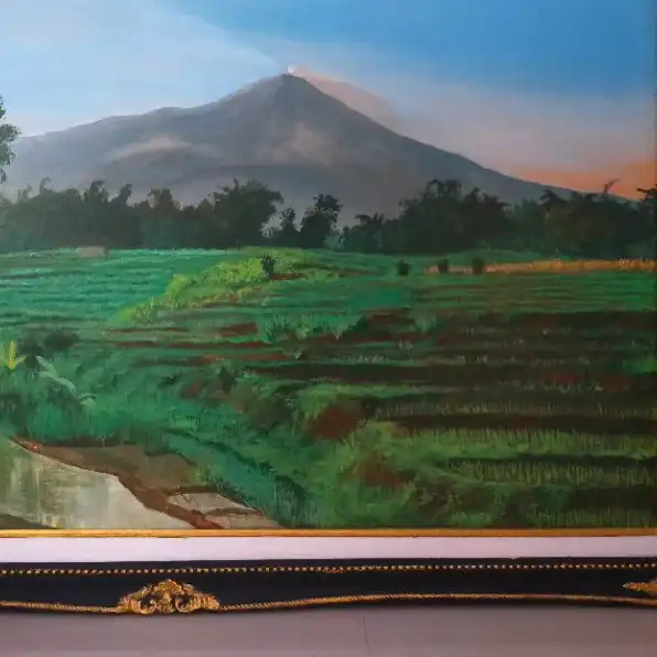 lukisan kanvas pemandangan sawah dan gunung 