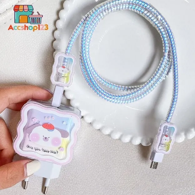 SET PAKET CUTE COVER WAVY PELINDUNG KEPALA & KABEL CHARGER SPIRAL/CABLE SET PROTECTOR KARAKTER FOR A