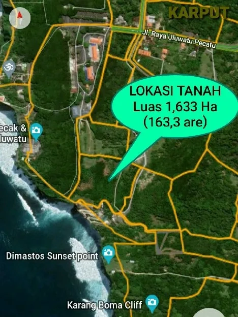 Dijual 1,633 Ha. LOSS TEBING, Jl. Raya Uluwatu Pecatu Kuta Selatan