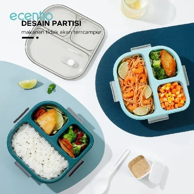 ecentio 3 Grid lunch box 1100ml+100ml Kotak Makan Anti Tumpah Sendok Gratis BPA Free