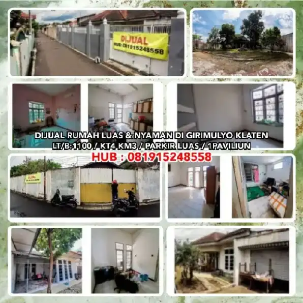 DIJUAL RUMAH LUAS & NYAMAN DI GIRIMULYO KLATEN.LT/B:1100 / KT4 KM3 / PARKIR LUAS / 1PAVILIUN.