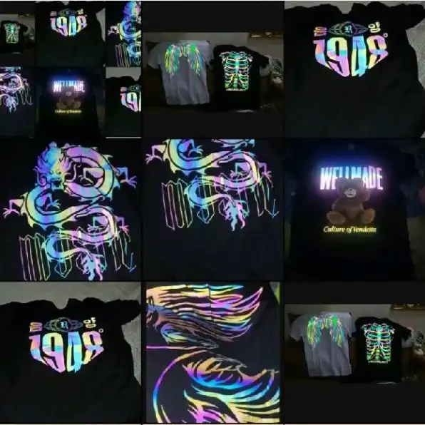 BAJU KAOS CUSTOM REFLECTIVE REFLEKTIF RAINBOW DAN SILVER MENYALA SAAT GELAP NYALA SAAT TERKENA CAHAY