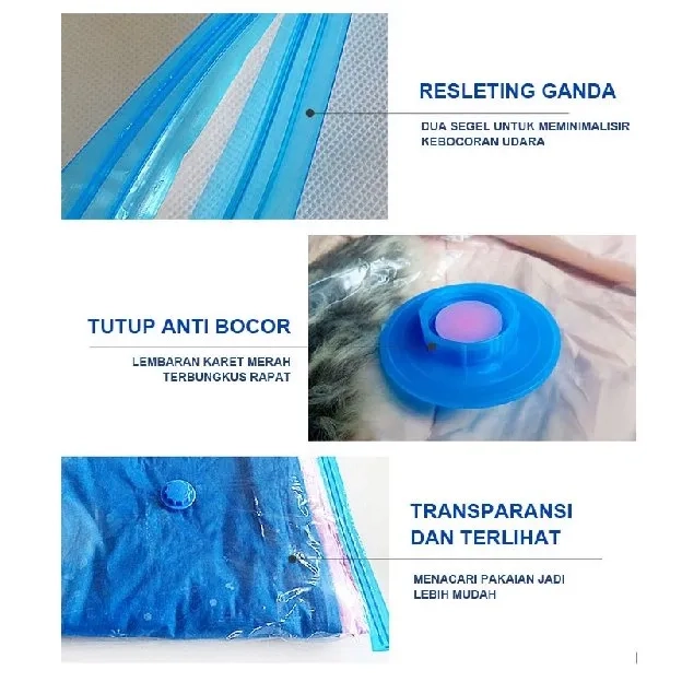 Plastik Vacuum Kantong Pakaian Travel Transparan Anti-air Dipakai Berulang