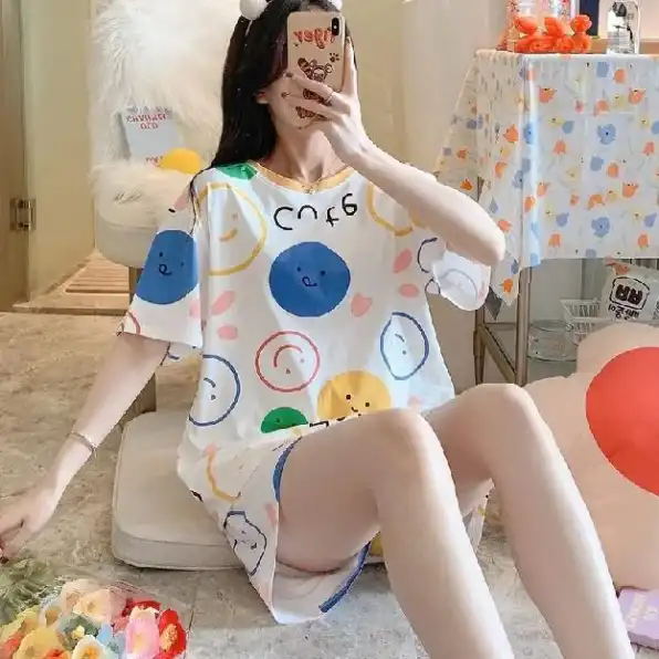 Baju tidur wanita setelan piyama lengan dan celana pendek motif karakter kartun lucu bahan katun kao