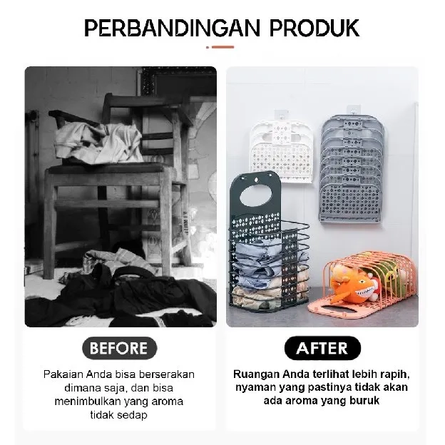 Keranjang Baju Pakaian Gantung + Hook Laundry Lipat Tempat Baju Kotor | Keranjang Buah Serbaguna