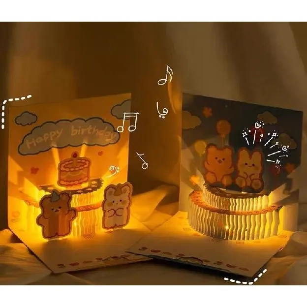 Kartu Ucapan Pop Up 3D ada lampu dan musik Tulisan Happy Birthday dengan Amplop Dengan Lampu + Musik