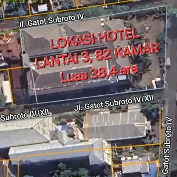 Dijual 38,4 are FREE Hotel Bintang 3 (Non Akti), Jl. Gatot Subroto IV Gatsu Tengah Denpasar