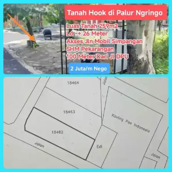 TANAH HOOK 259M2 10X26M DI PALUR NGRINGO JATEN KARANGANYAR 