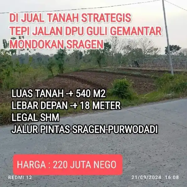 TANAH 540M2 DI TEPI JALAN DPU GULI GEMANTAR MONDOKAN SRAGEN 