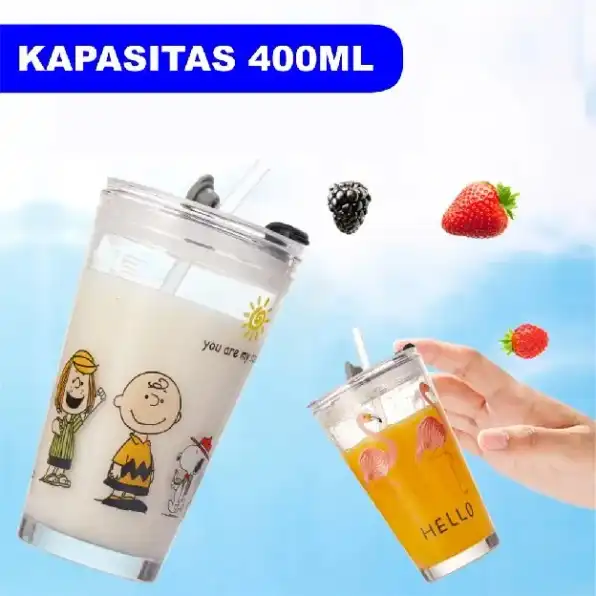 Gelas Tumblr Kaca Bening Gelas Mug Gelas Kaca dengan Tutup Anti Bocor 400ml Botol Minum Kaca Gratis 