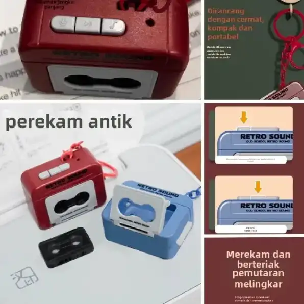 Gantungan kunci tas buku gantungan kunci perekam pita mini yang lucu dengan rekaman