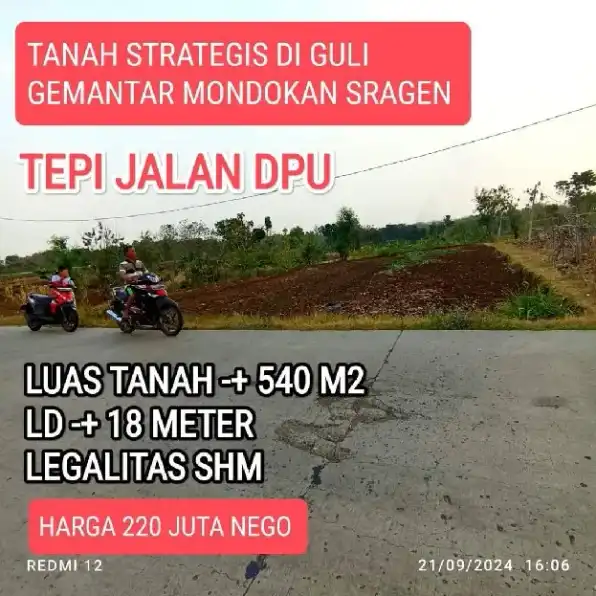 TANAH 540M2 DI TEPI JALAN DPU GULI GEMANTAR MONDOKAN SRAGEN 