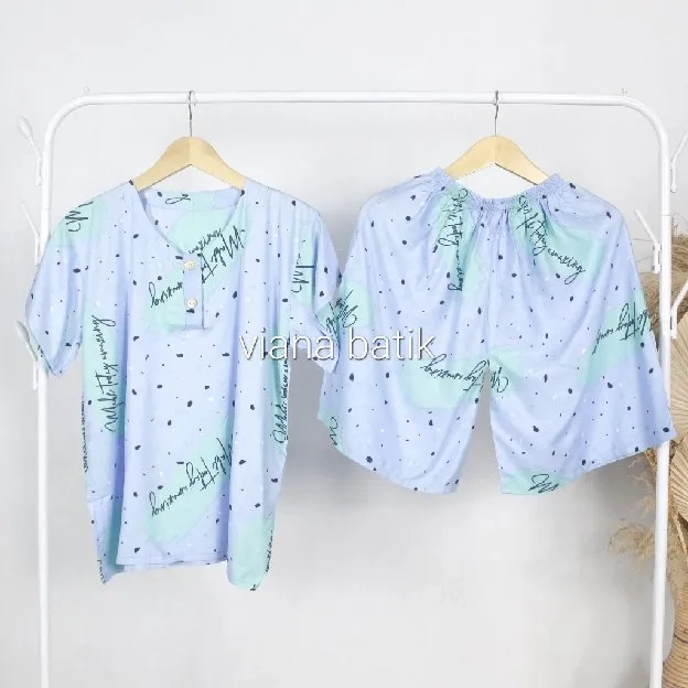 Setelan Baju Tidur Wanita Lengan Pendek Piyama Celana Pendek Motif Bulu Krisna Bahan Rayon