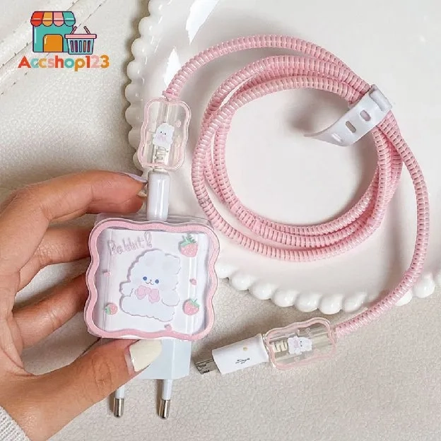 SET PAKET CUTE COVER WAVY PELINDUNG KEPALA & KABEL CHARGER SPIRAL/CABLE SET PROTECTOR KARAKTER FOR A