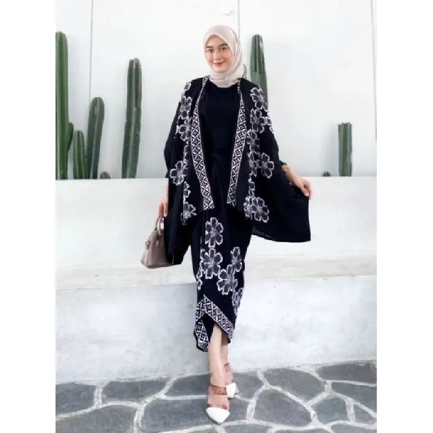 OUTFIT KONDANGAN SIMPEL ONE SET BATIK OUTER ROK LILIT KIMONO WANITA RAYON GLOYOR OVERSIZE MOTIF ETNI