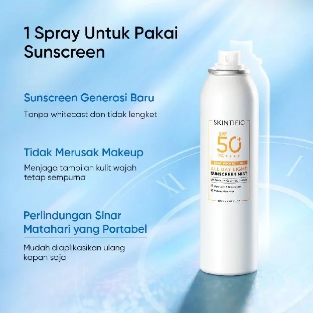 SKINTIFIC All Day Light Sunscreen Mist SPF50 PA++++ Sunscreen Spray Anti UV Wajah/Body Spray 120ml S