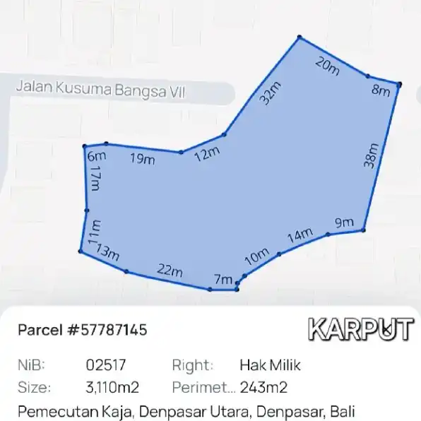 Dijual 31,1 are, Jl. Kusums Bangsa Bung Tomo Gatsu Barat Denpasar