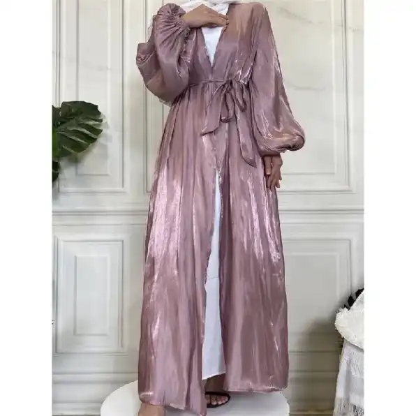 Long Outer Kasual Abaya Shimmer Silk free belt model lengan balon ada size S-M dan L-XL