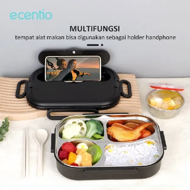 ecentio tempat makan anak sekolah 1000ml 304 Stainless steel 4 sekat dan Mangkuk Sup Stainless