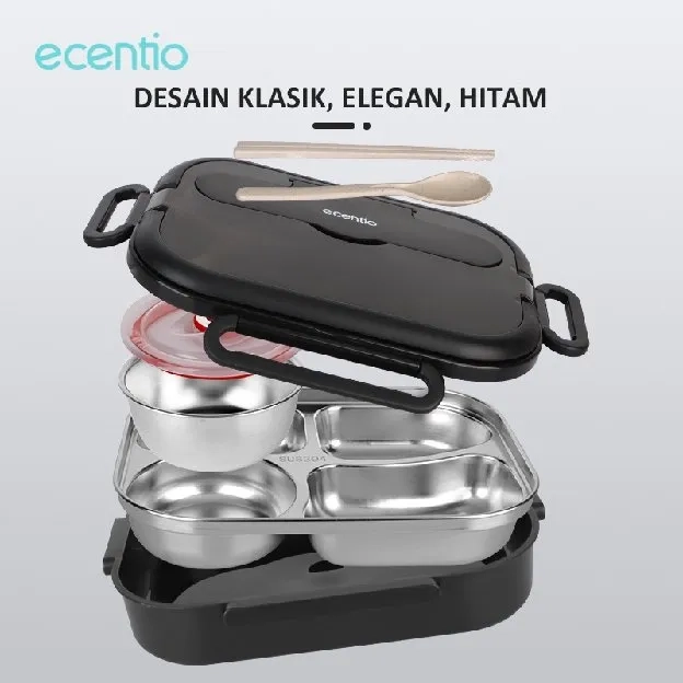 ecentio tempat makan anak sekolah 1000ml 304 Stainless steel 4 sekat dan Mangkuk Sup Stainless