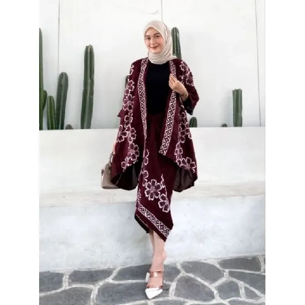 OUTFIT KONDANGAN SIMPEL ONE SET BATIK OUTER ROK LILIT KIMONO WANITA RAYON GLOYOR OVERSIZE MOTIF ETNI