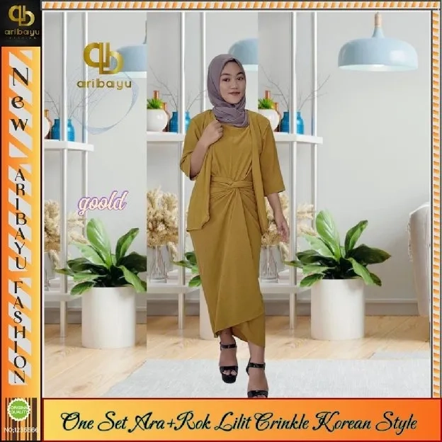 ONE SET ARA, setelan pakaian wanita  set tanktop  atasan + gardigan+ rok lilit  crinkle airflow kore